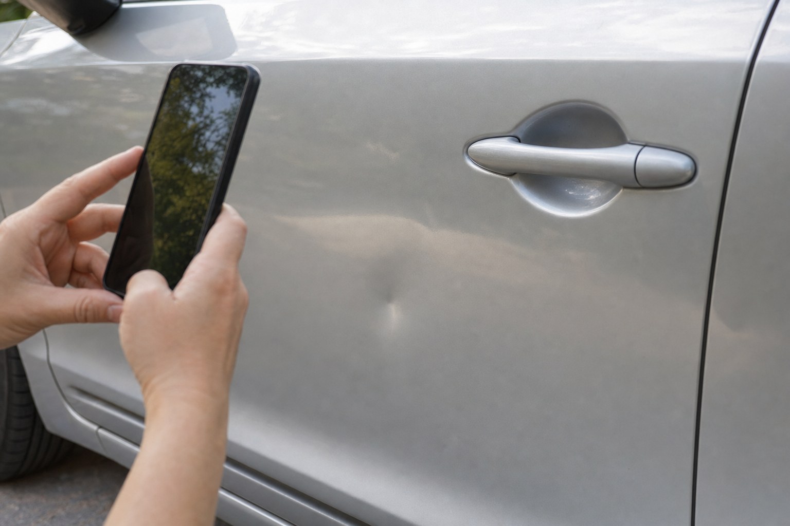 Driver photographing a small ding on a silver vehicle door