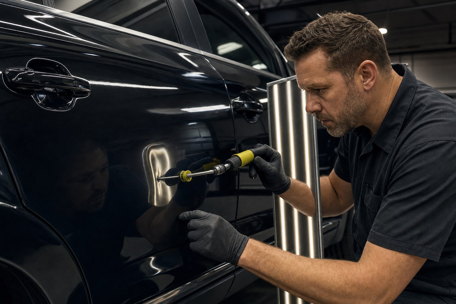 Technician performing paintless dent repair on a black vehicle door