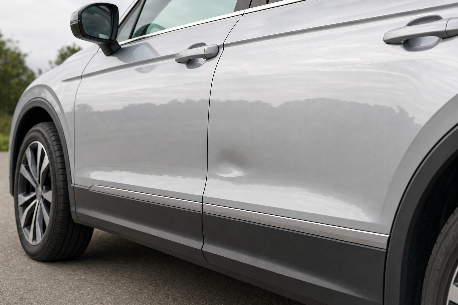 Shallow dent in a silver vehicle door panel