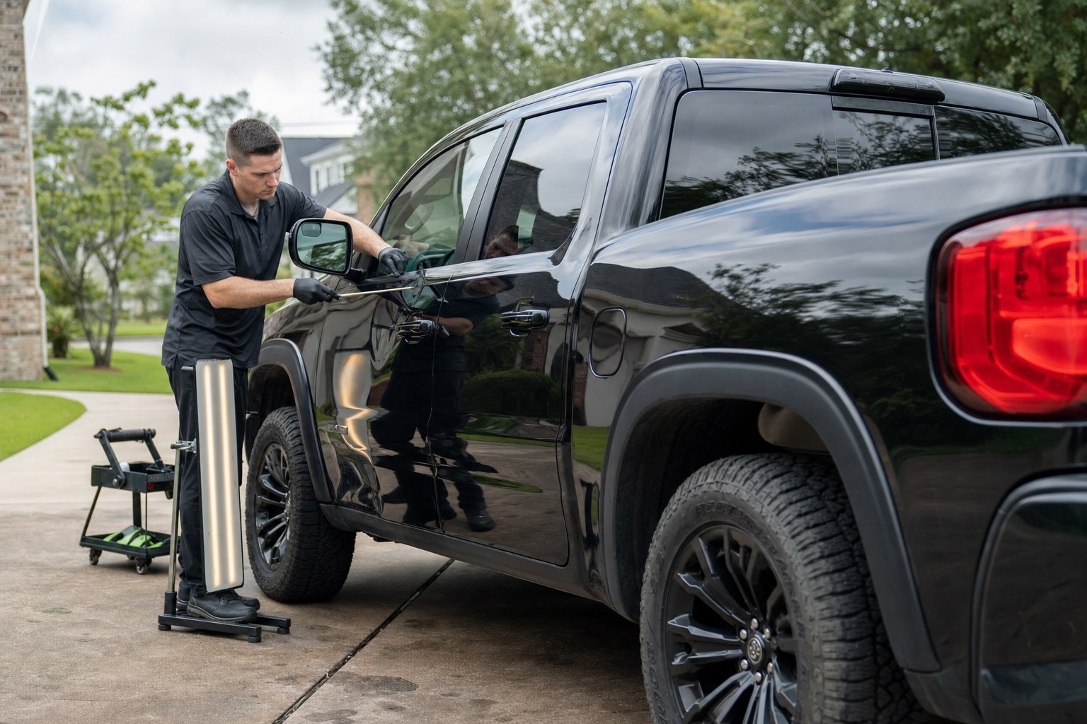 Technician inspecting a vehicle panel during a mobile repair visit