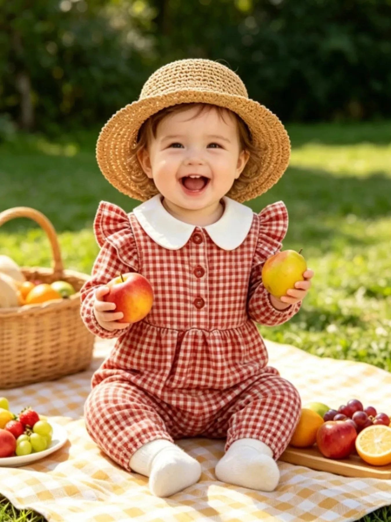 Children's Gingham Ruffled Long Sleeve One-Piece