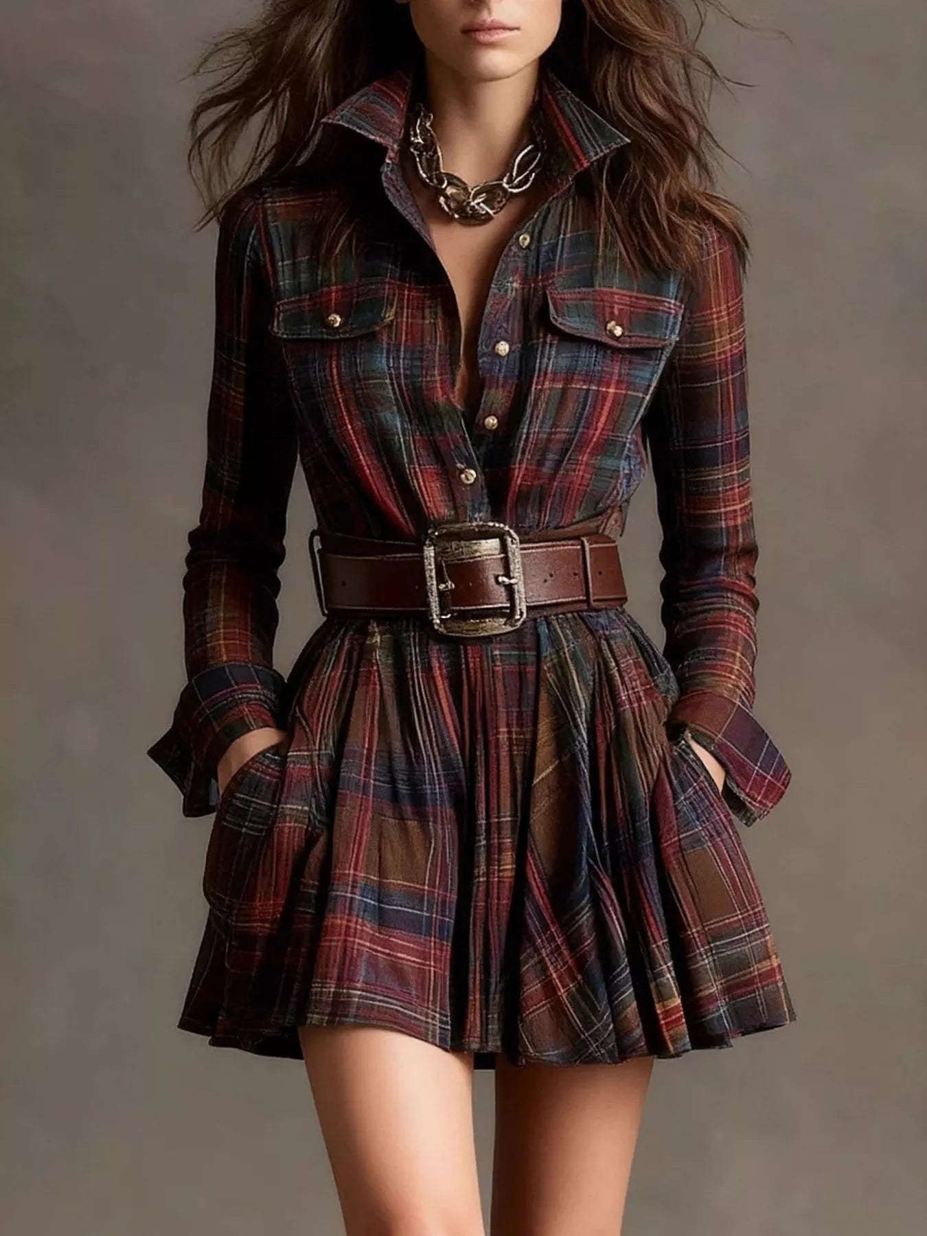 Plaid long sleeve shirt dress