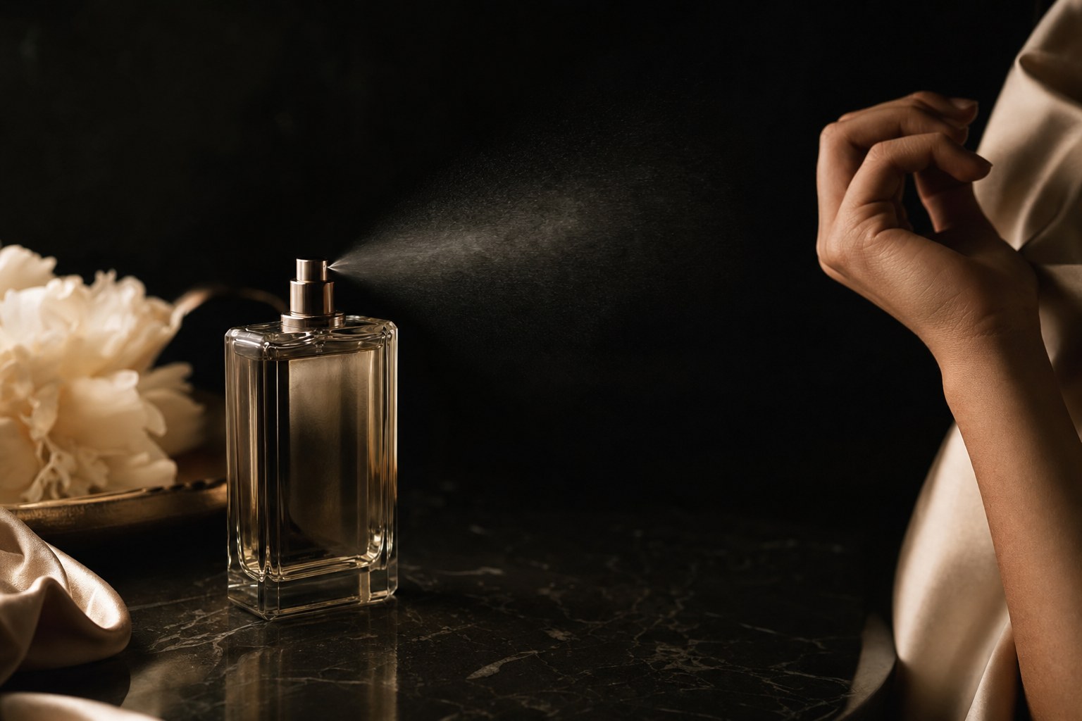 An unbranded perfume bottle releasing a fine mist beside a raised wrist on dark stone