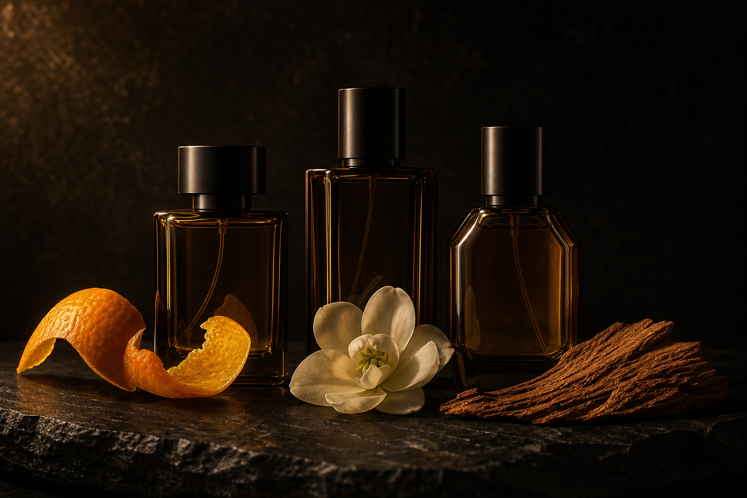 Three amber perfume bottles with citrus, a white flower, and cedar on dark stone