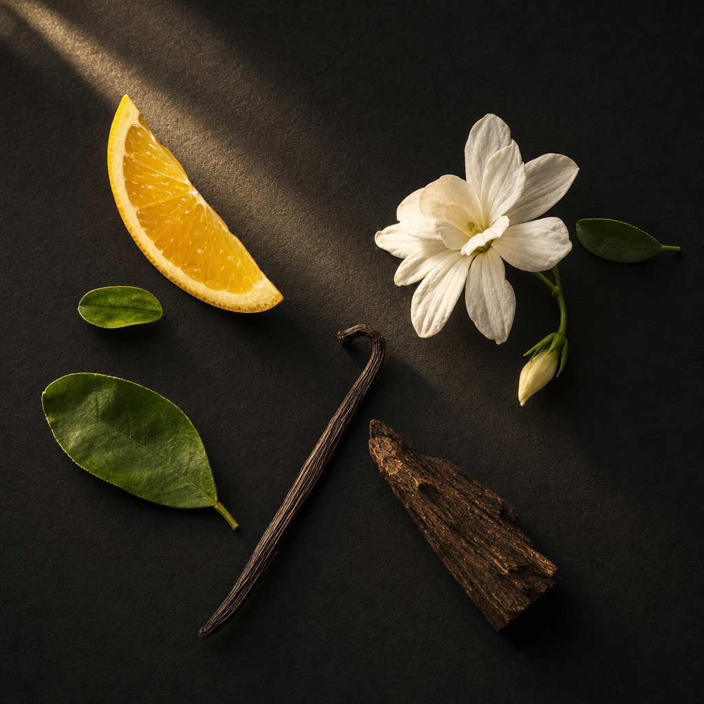 Citrus, white flower, vanilla, and dark wood representing different fragrance directions