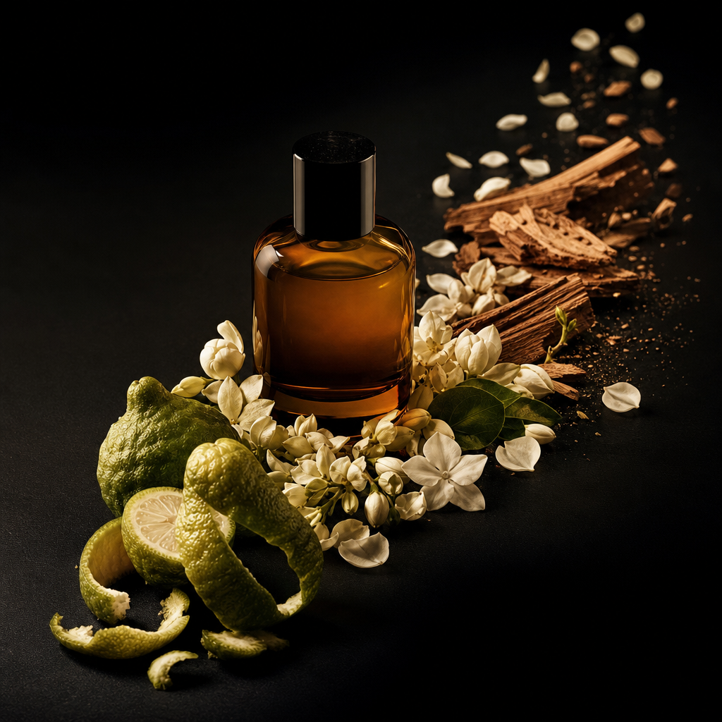 Amber perfume bottle with citrus, white flowers, and cedar illustrating fragrance development
