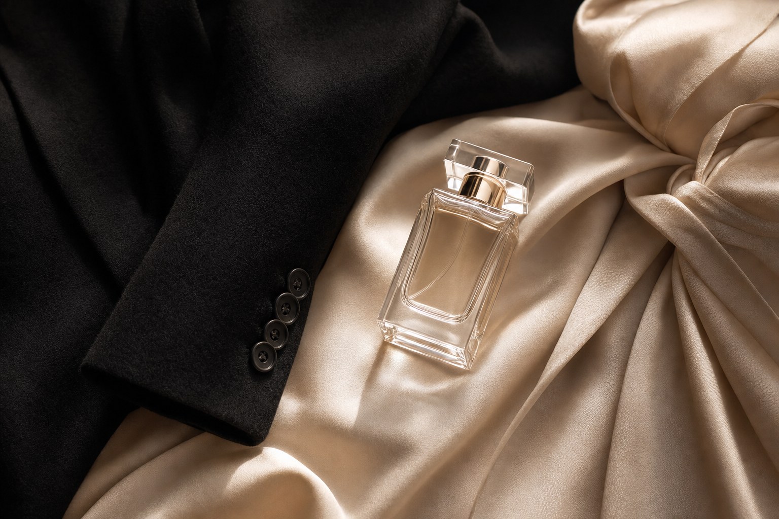 An unbranded perfume bottle resting between a dark wool jacket and cream silk fabric