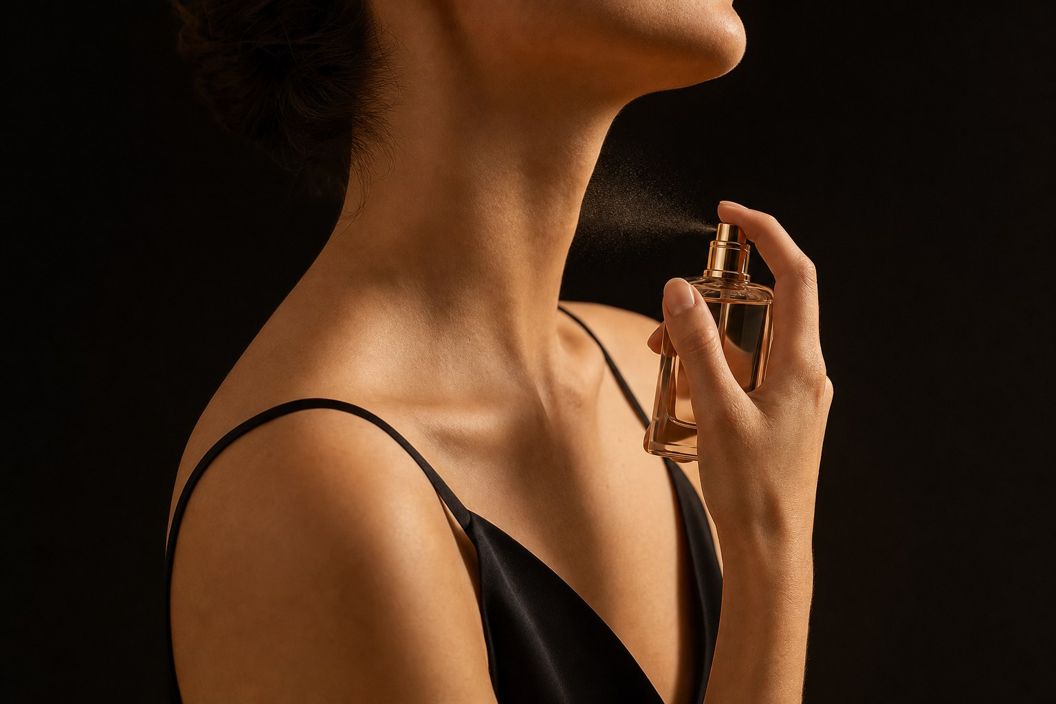 An adult lightly misting perfume onto the side of the neck