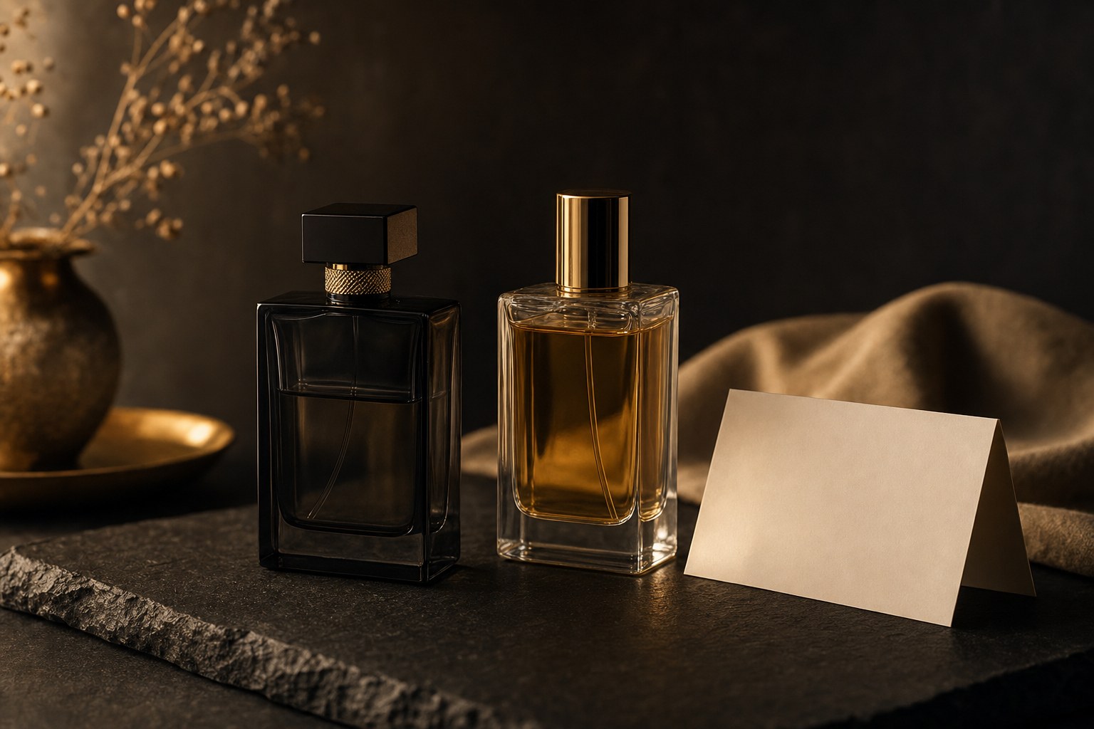 Two unbranded perfume bottles on dark stone beside an empty folded note card