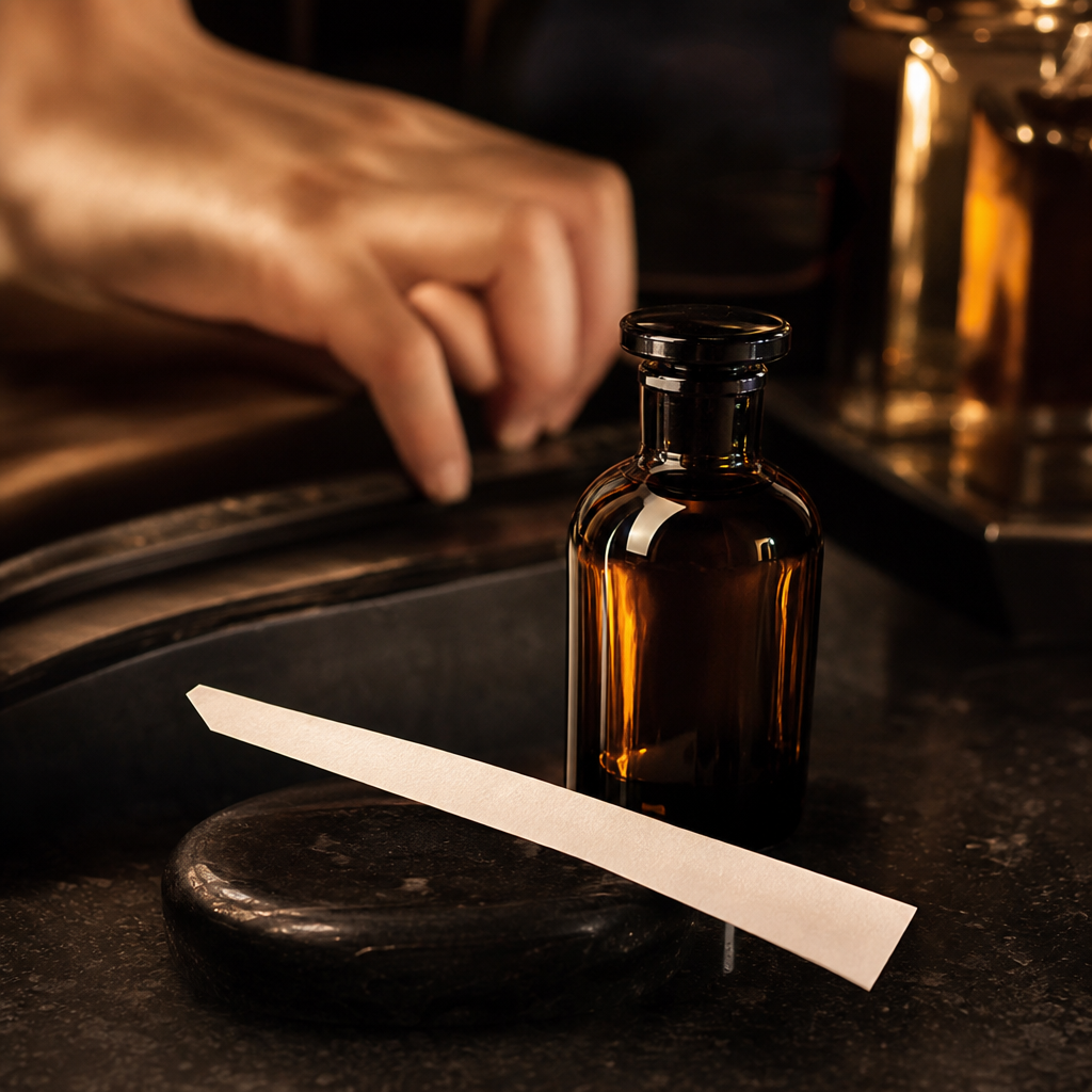 Fragrance blotter beside an amber perfume bottle on a dark stone vanity