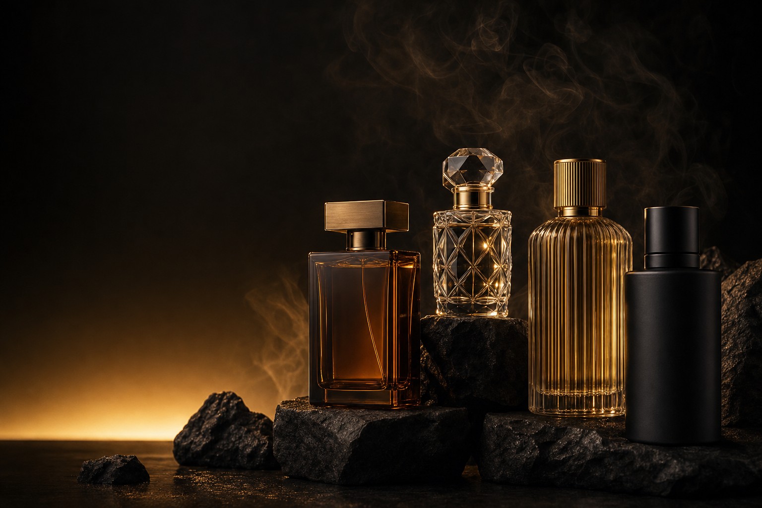 Amber and black fragrance bottles in a dark stone setting