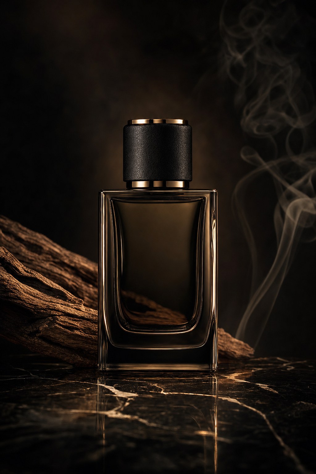 Dark glass fragrance bottle with cedar and smoke