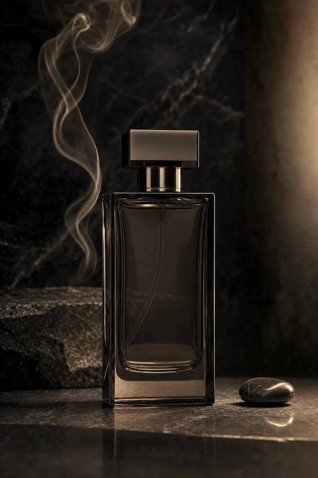 Smoky glass fragrance bottle on dark stone