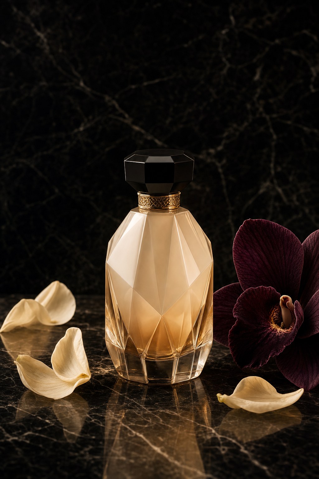 Faceted amber perfume bottle with cream and plum flowers