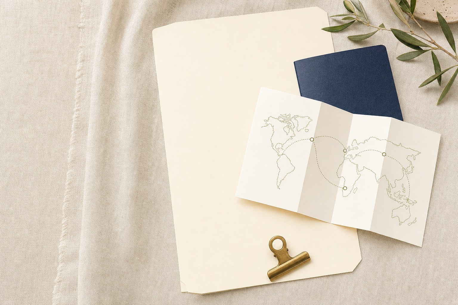 Travel documents and a blank folder arranged on warm linen