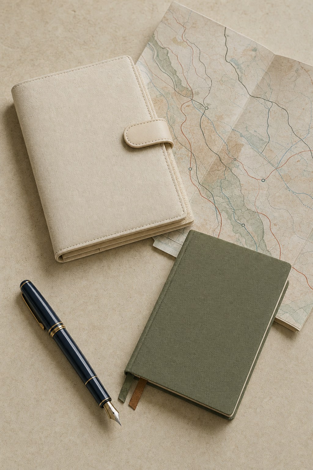 Travel wallet, map, notebook, and fountain pen arranged on a textured surface