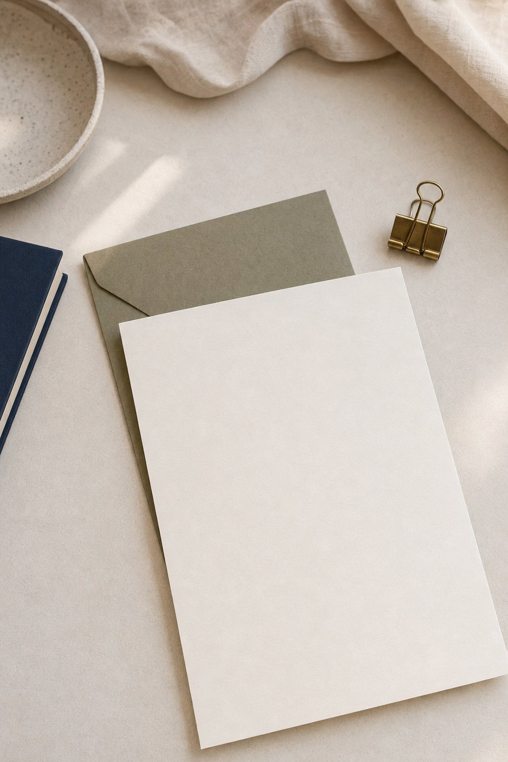 Blank document and olive envelope arranged for careful processing