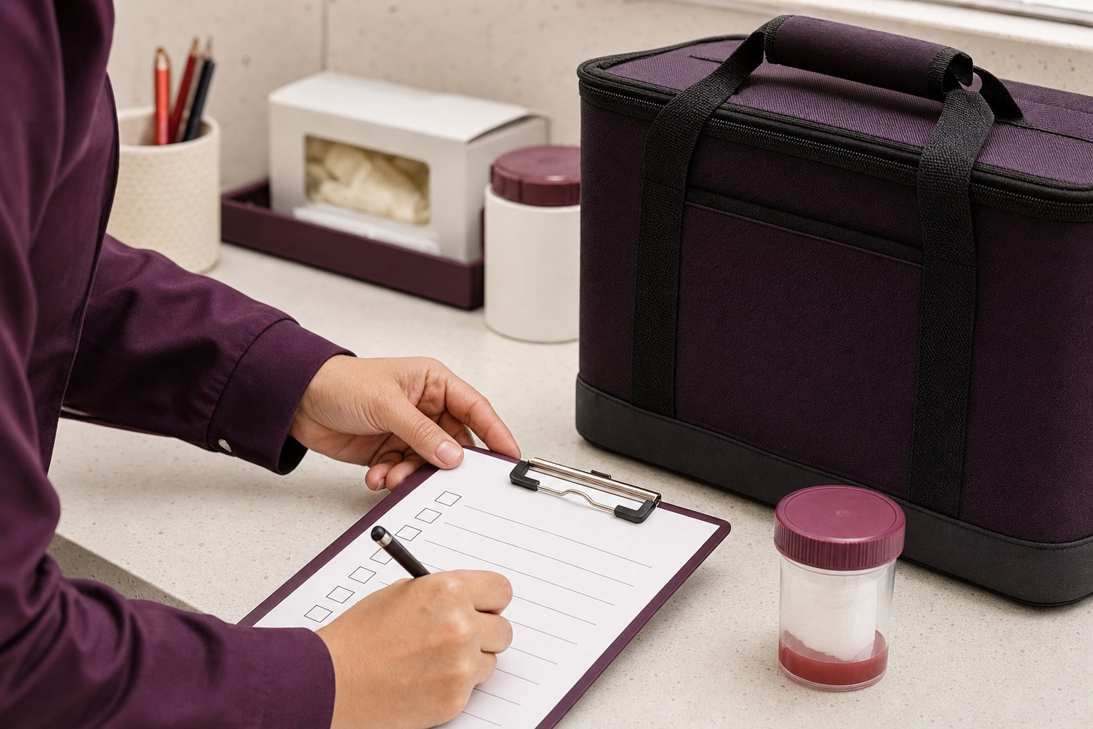 Healthcare worker preparing a route checklist beside a medical transport case
