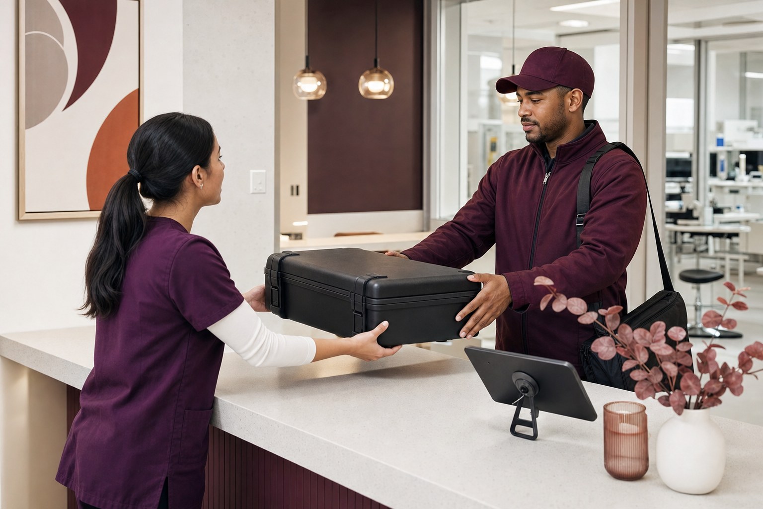 Courier and healthcare professional completing a secure medical transport handoff