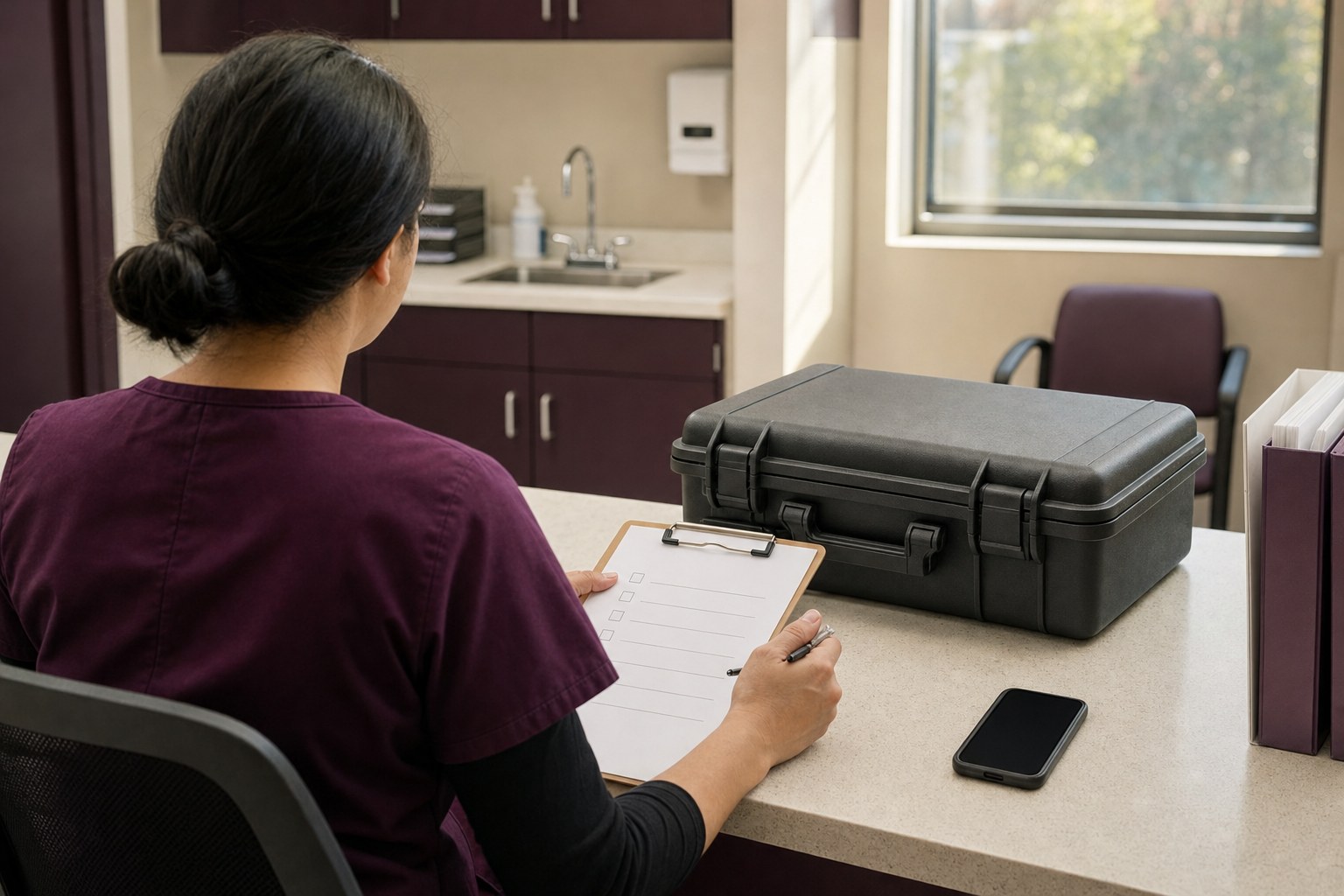 Healthcare worker reviewing a route exception checklist beside a closed specimen transport case