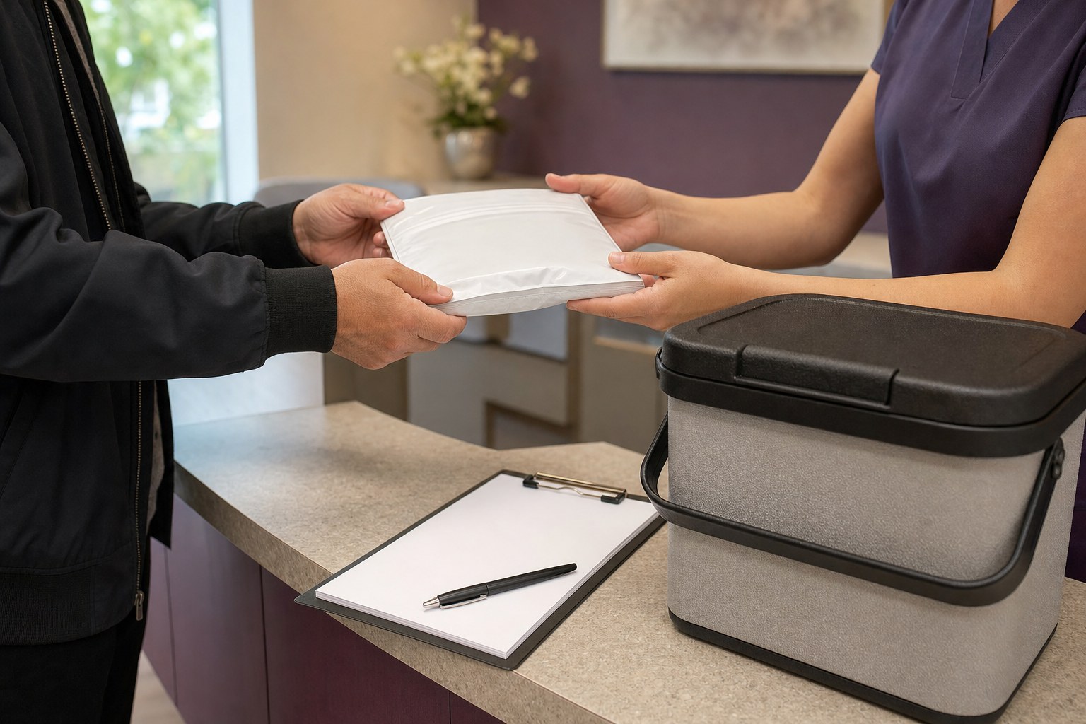 Courier and clinic staff completing a documented specimen handoff beside a closed transport case