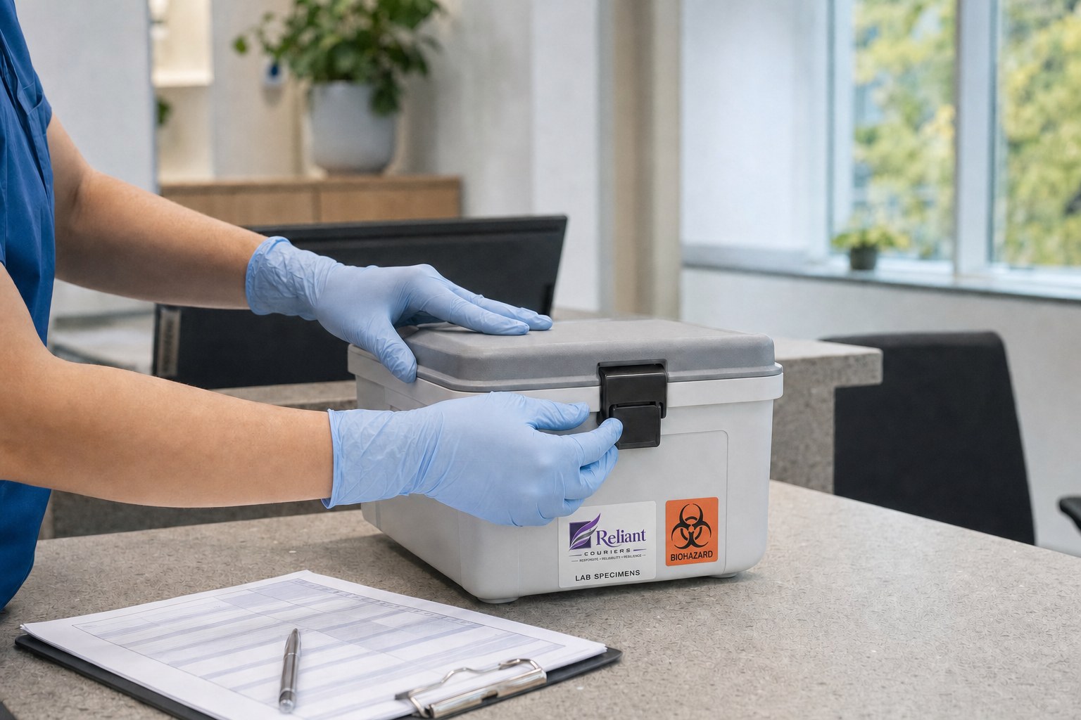 Gloved healthcare worker securing a specimen transport case at a clinic counter