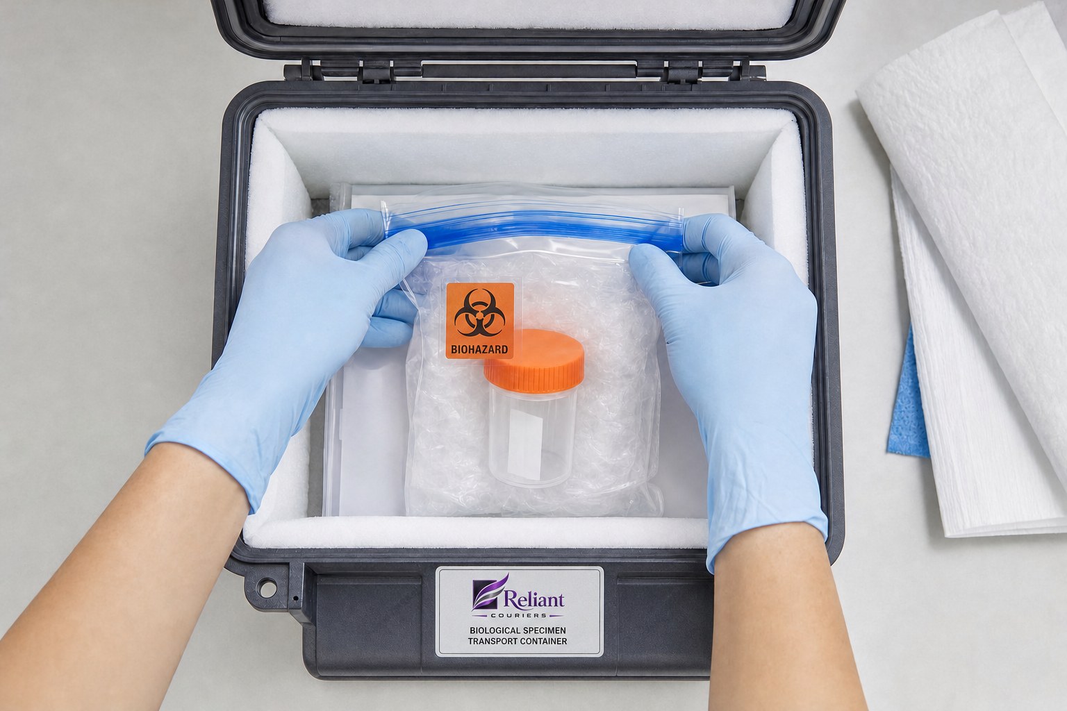 Specimen container secured in protective secondary packaging inside an insulated case