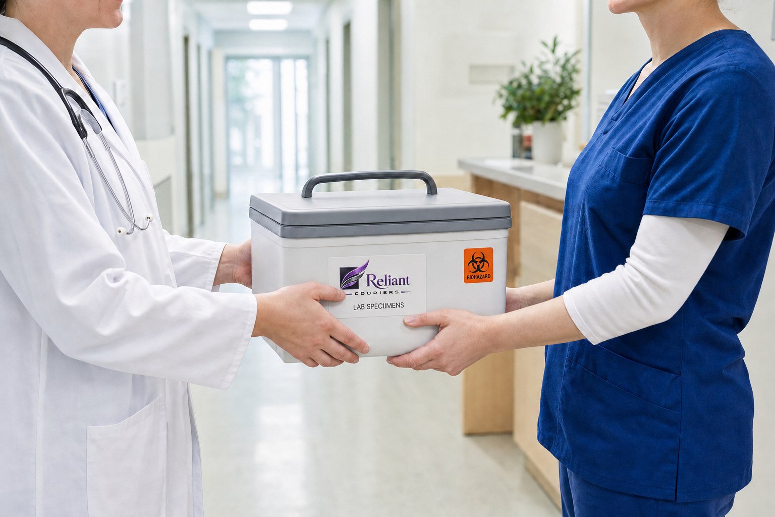 Healthcare professionals handing off a closed specimen transport case