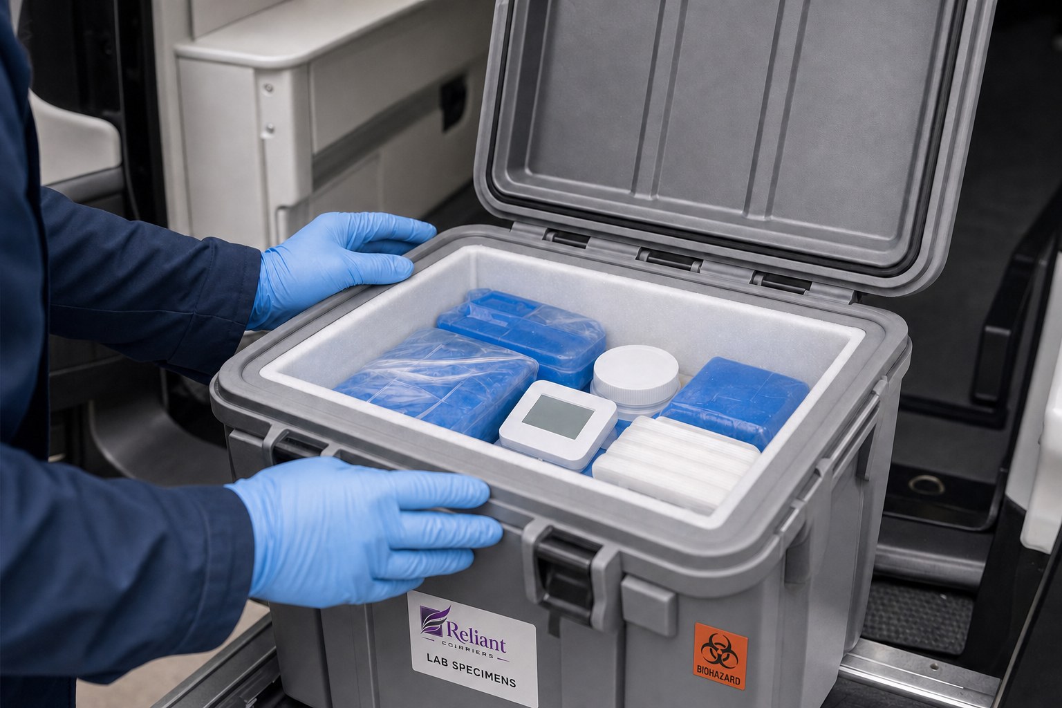 Insulated transport case with cold packs prepared for a specimen route