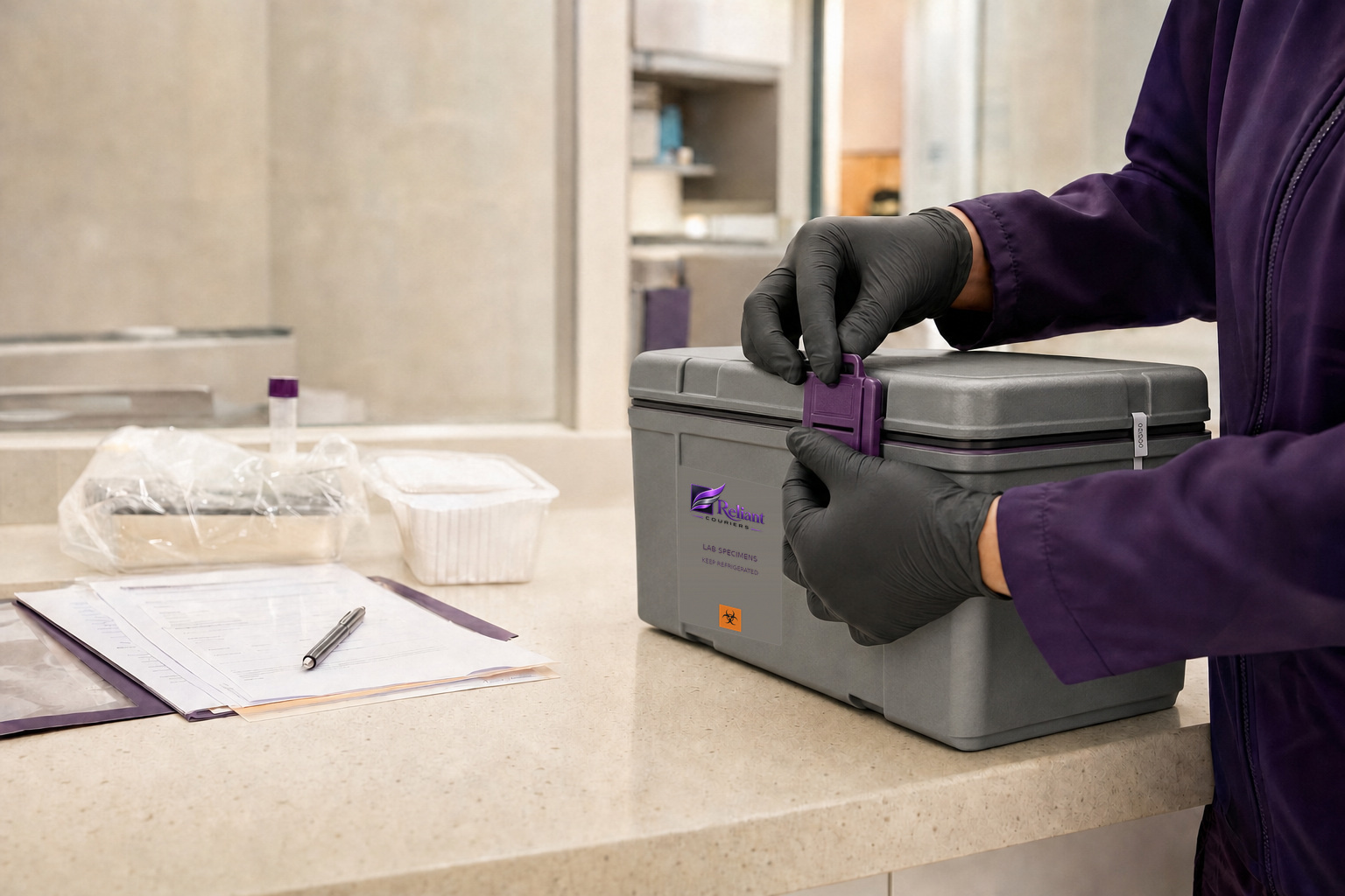 Secure specimen transport case at a laboratory pickup area