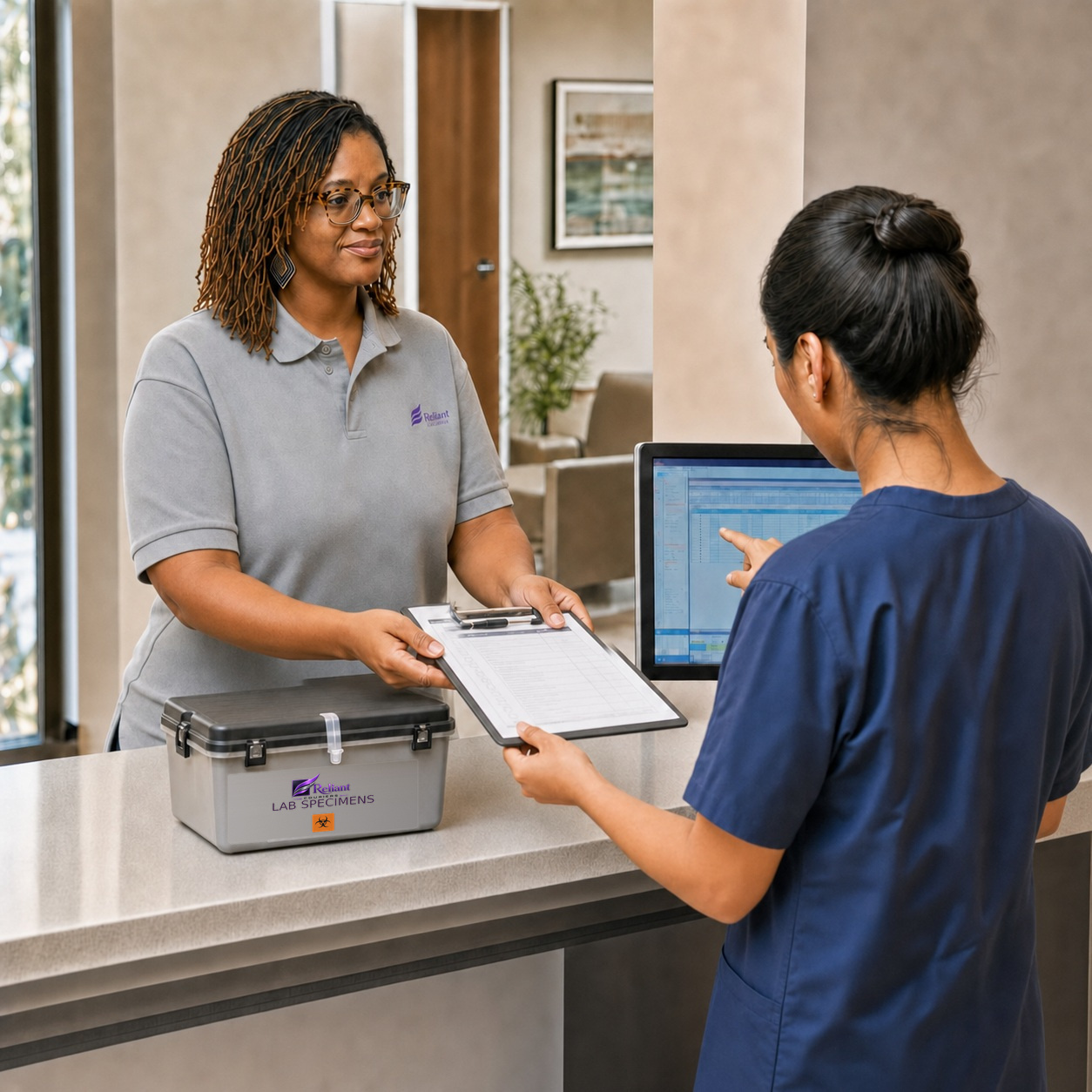 AI-created image of Stephanie passing a clipboard to clinic staff beside a sealed Reliant Couriers container while reviewing a monitor