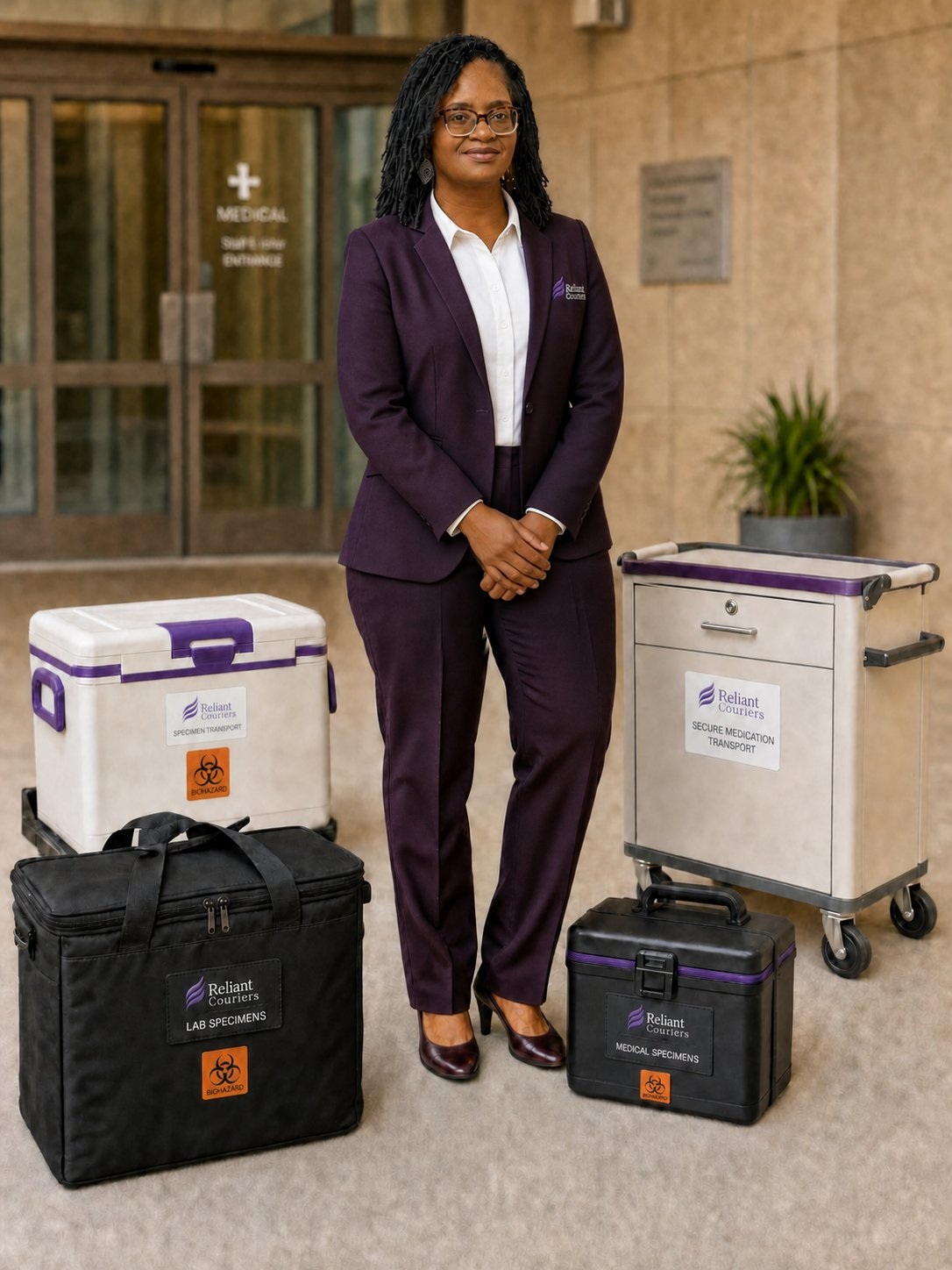 AI-edited portrait of Stephanie with the original specimen case, a larger lab specimen bag, a medical cooler, and a locked medication cart, all with Reliant Couriers branding and biohazard labels on the specimen containers