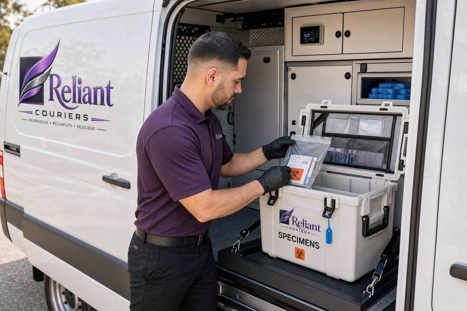 Reliant courier placing sealed specimen packaging in a secured insulated container inside a branded van