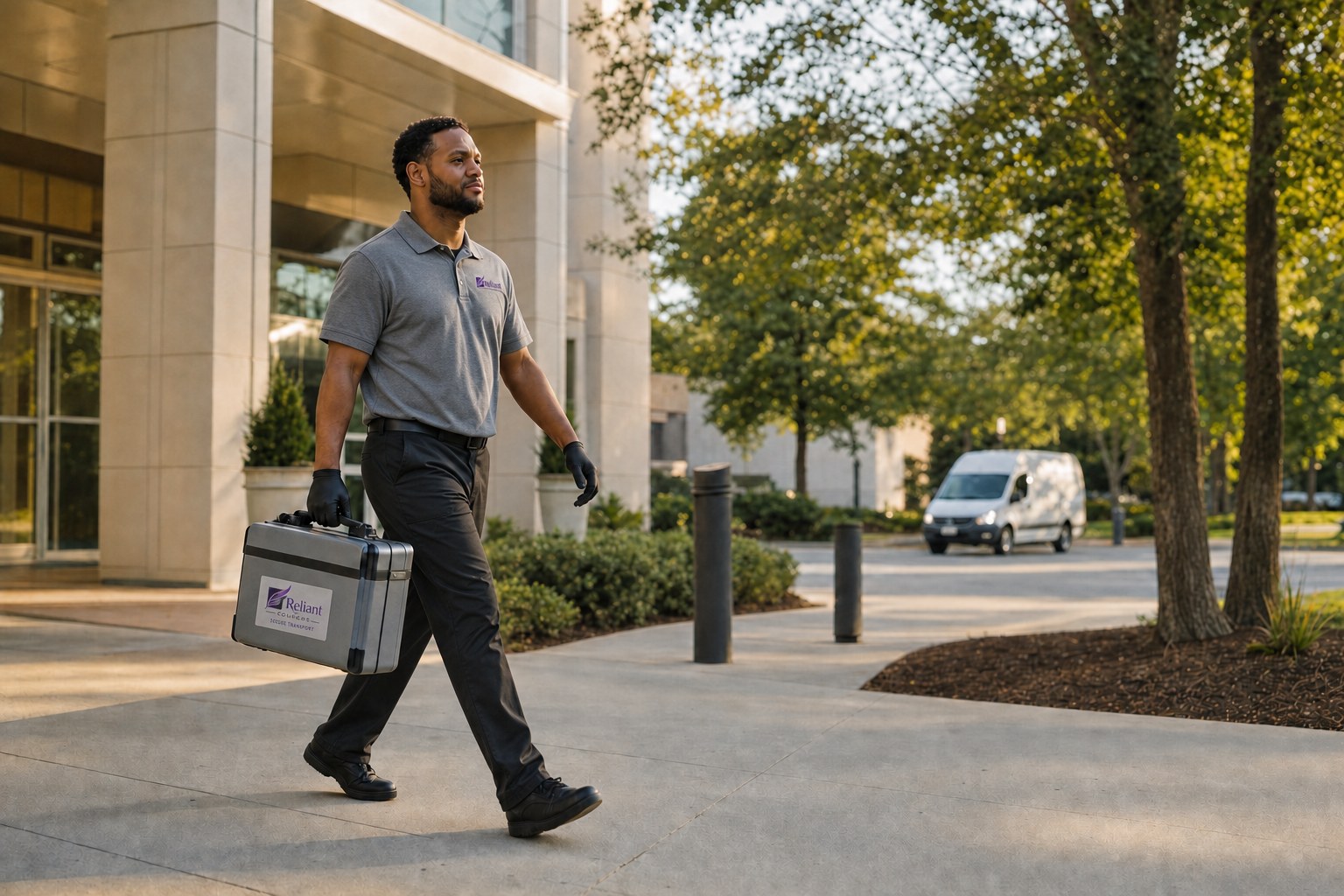 Courier walking at a healthcare campus with a secure transport case
