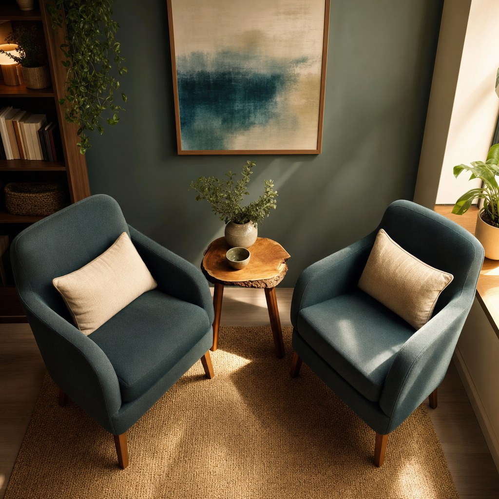 Two teal chairs face one another in a warmly lit consultation room