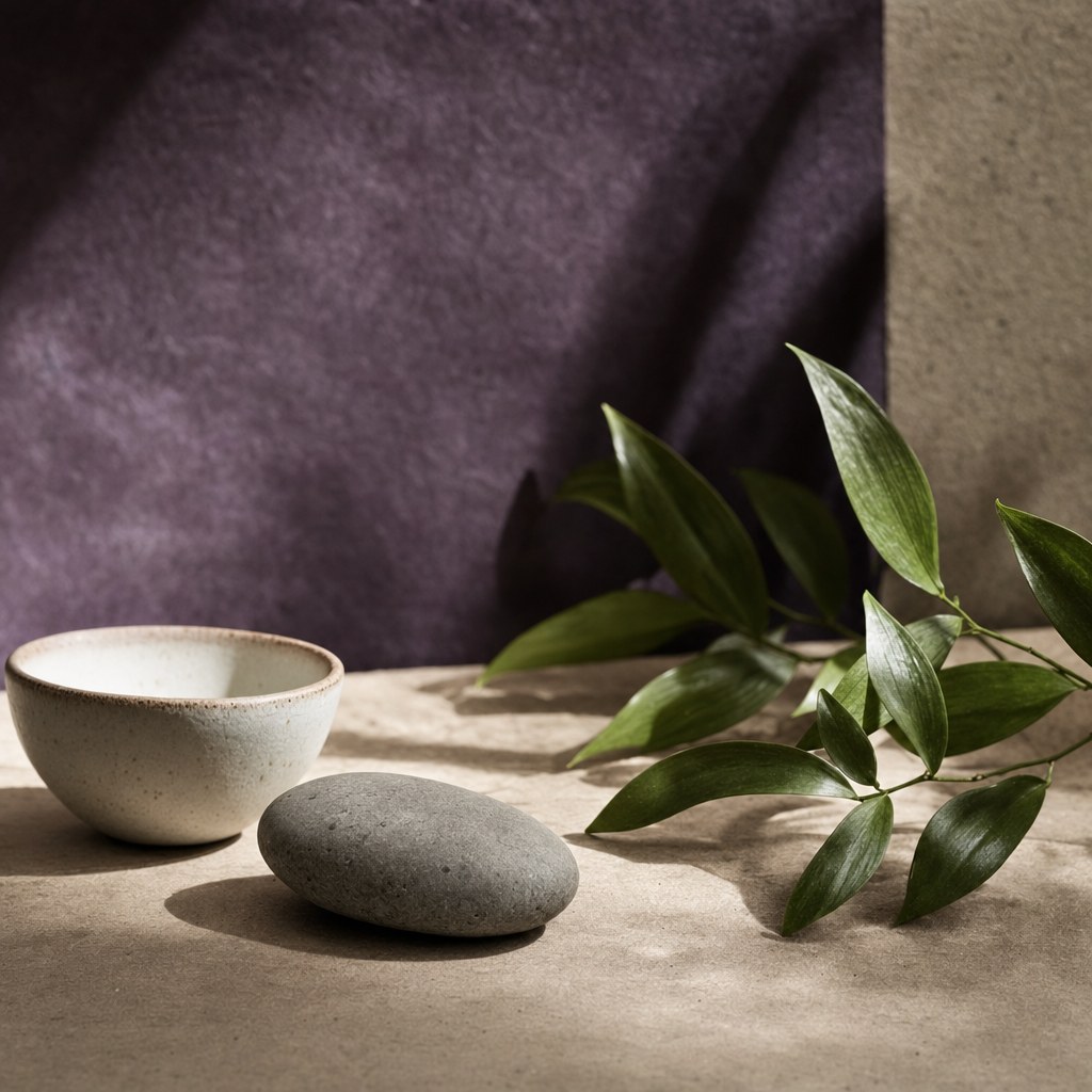 A ceramic bowl, smooth stone, and green leaves on a parchment surface