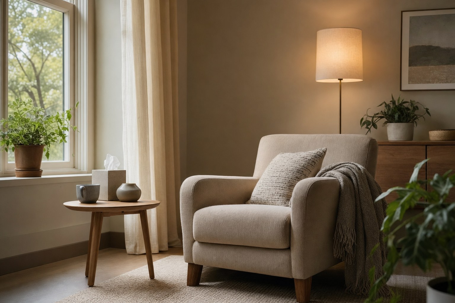 A calm therapy room with an armchair, warm light, and plants