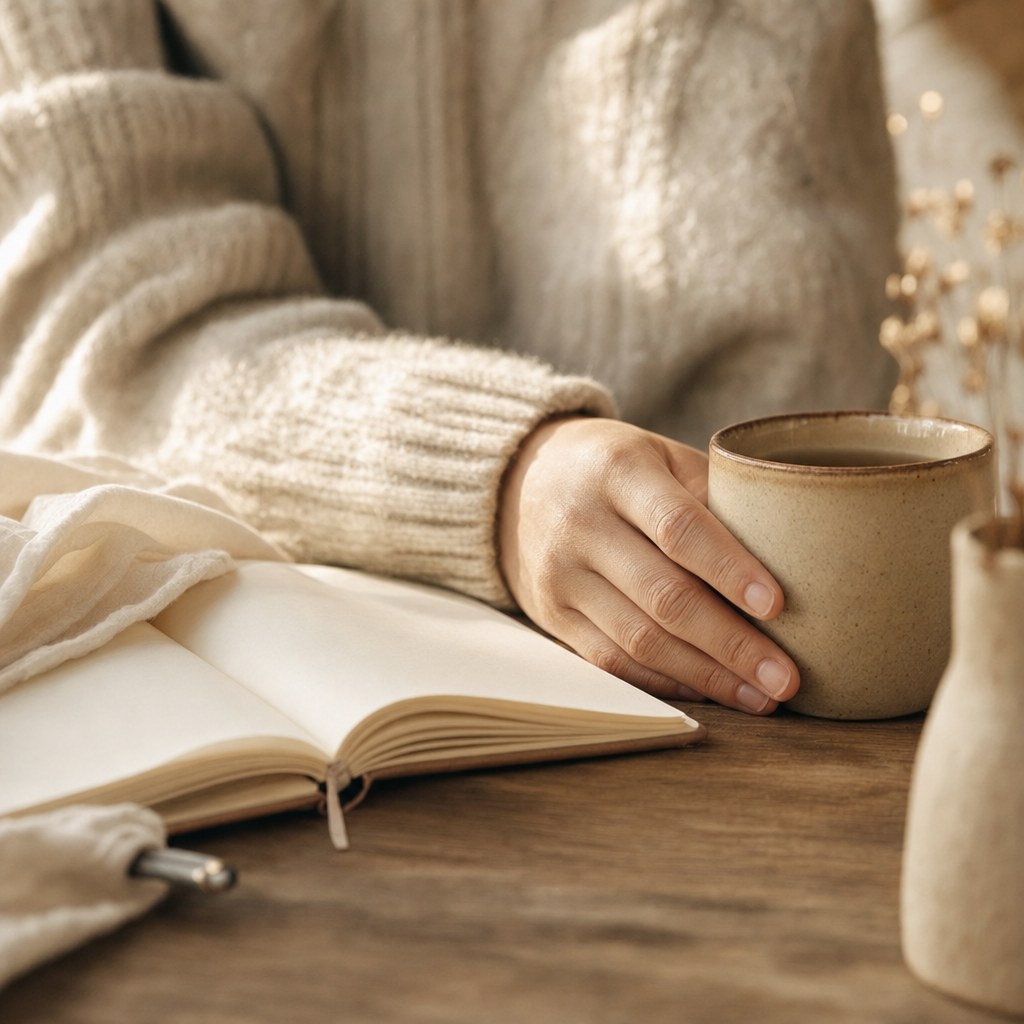 A person’s hand rests beside a ceramic cup and open notebook in warm light