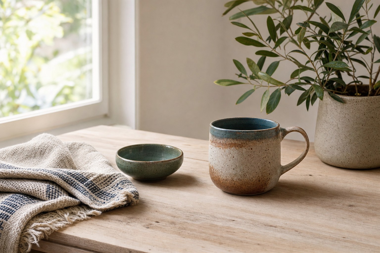 A calm still life with a ceramic bowl, mug, and plant