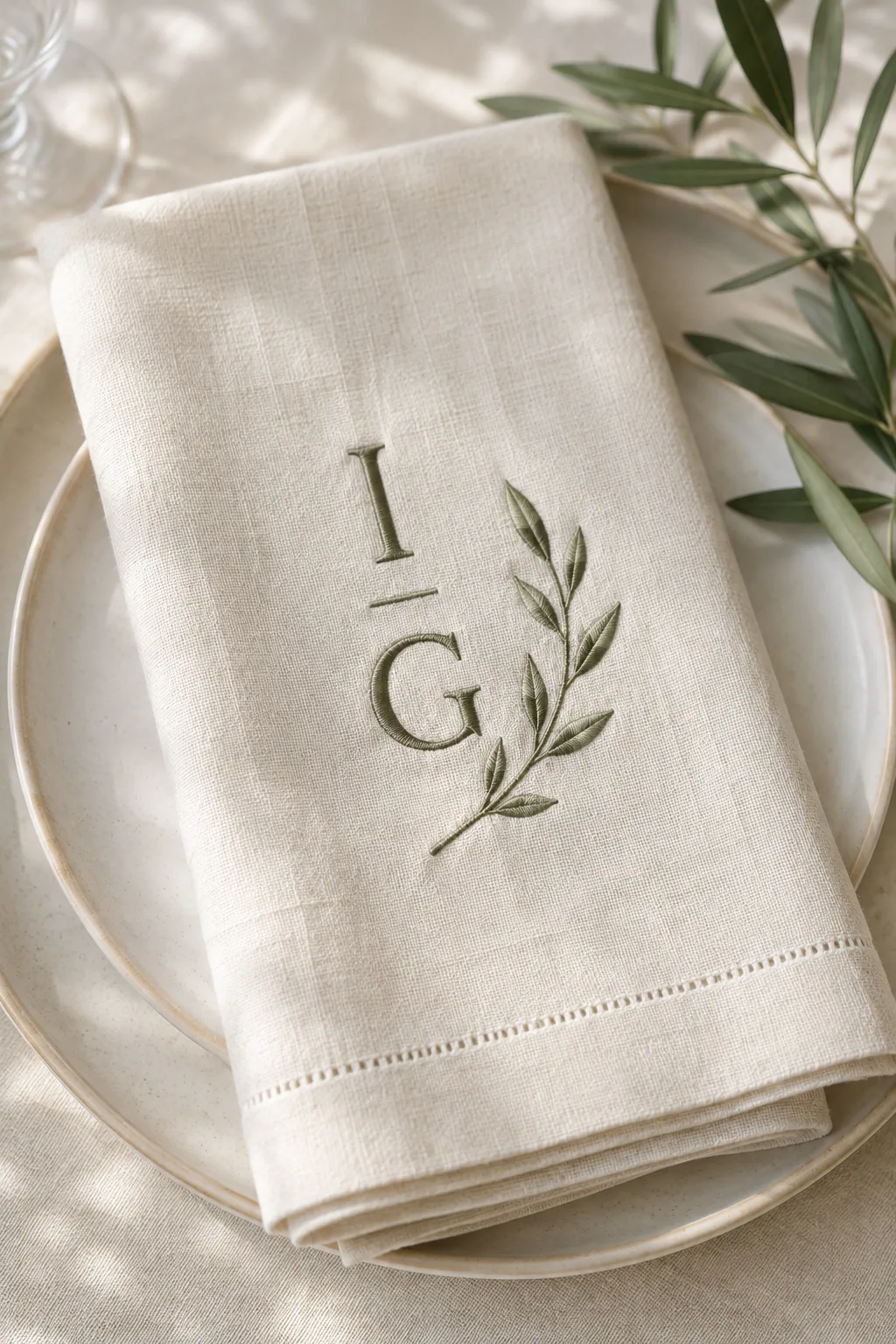 Linen napkin embroidered with the Islay Gardens monogram