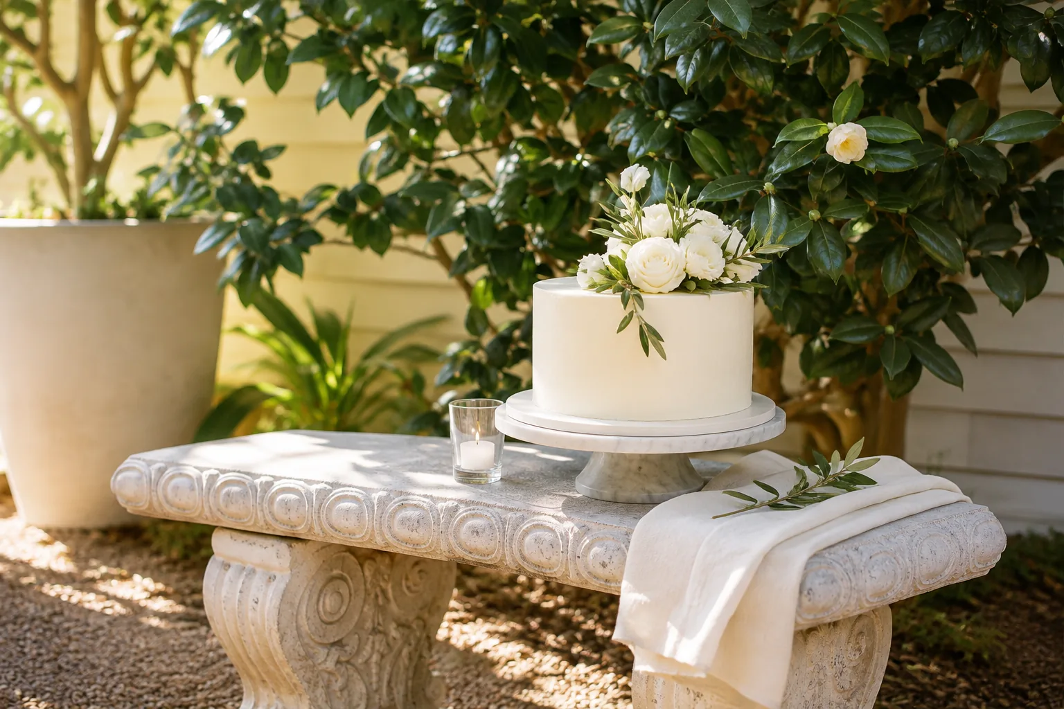 Garden wedding cake set on a stone bench beneath the trees