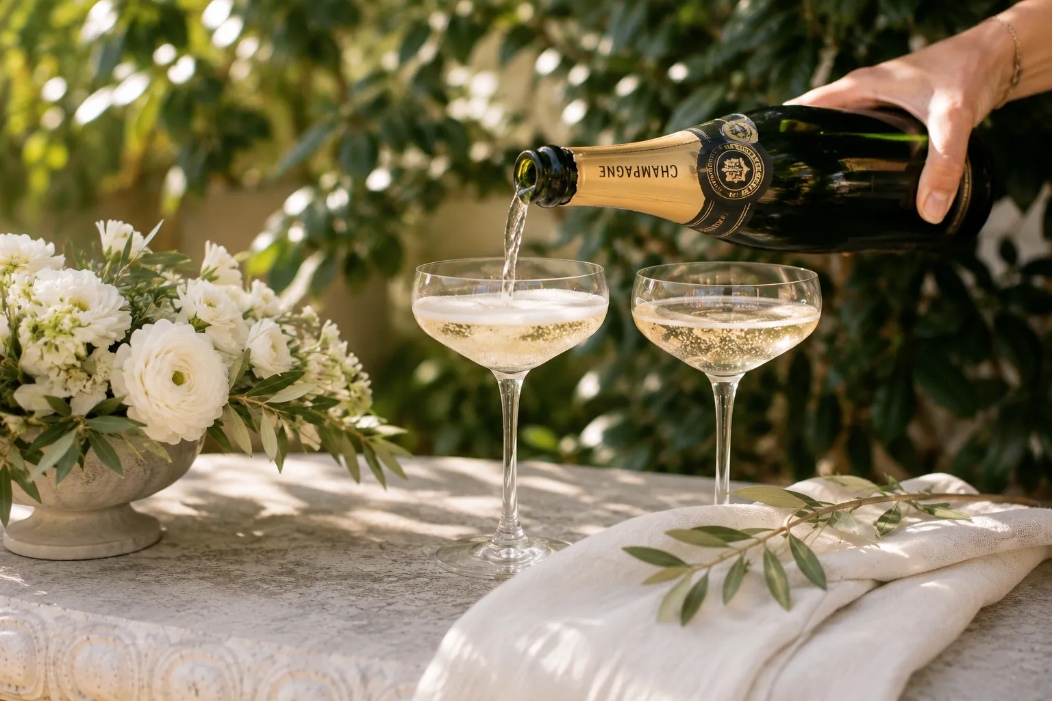 Champagne being poured for a garden celebration