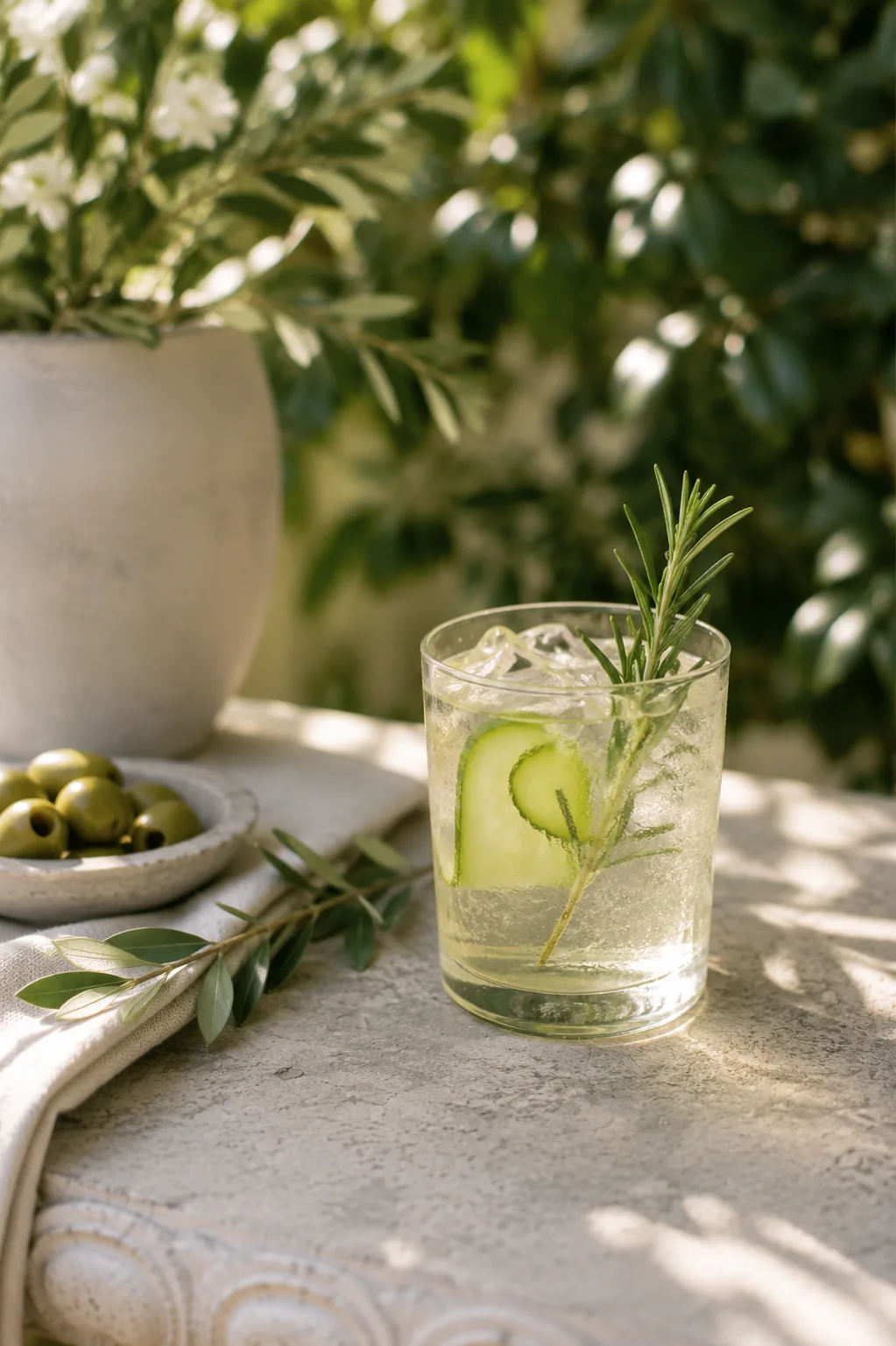 Rosemary and cucumber garden drink served outdoors