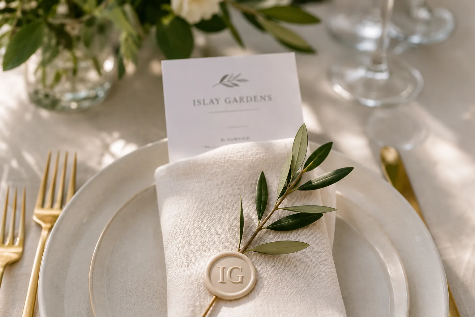 Place setting with an Islay Gardens wax seal and olive branch