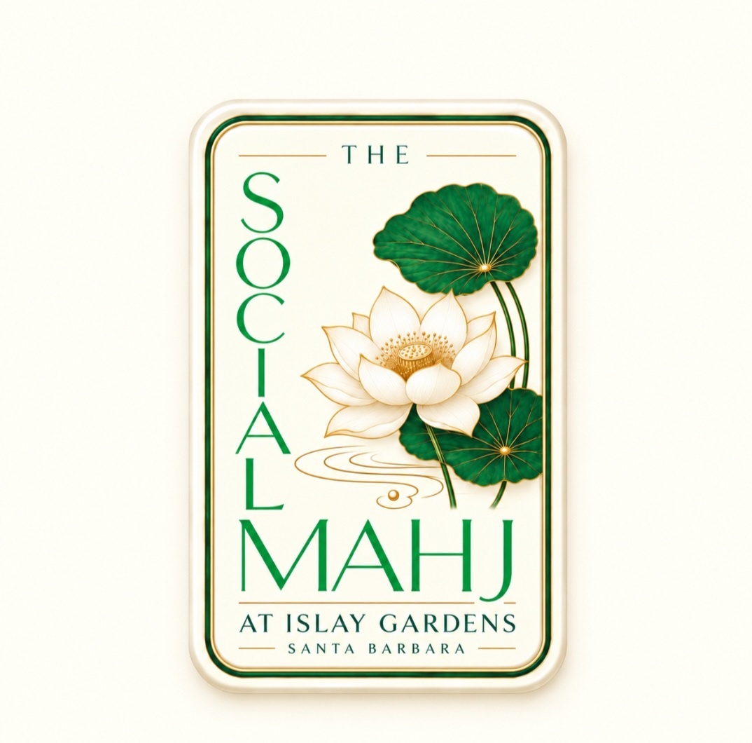 The Social Mahj at Islay Gardens, Santa Barbara, with a white lotus and green leaves