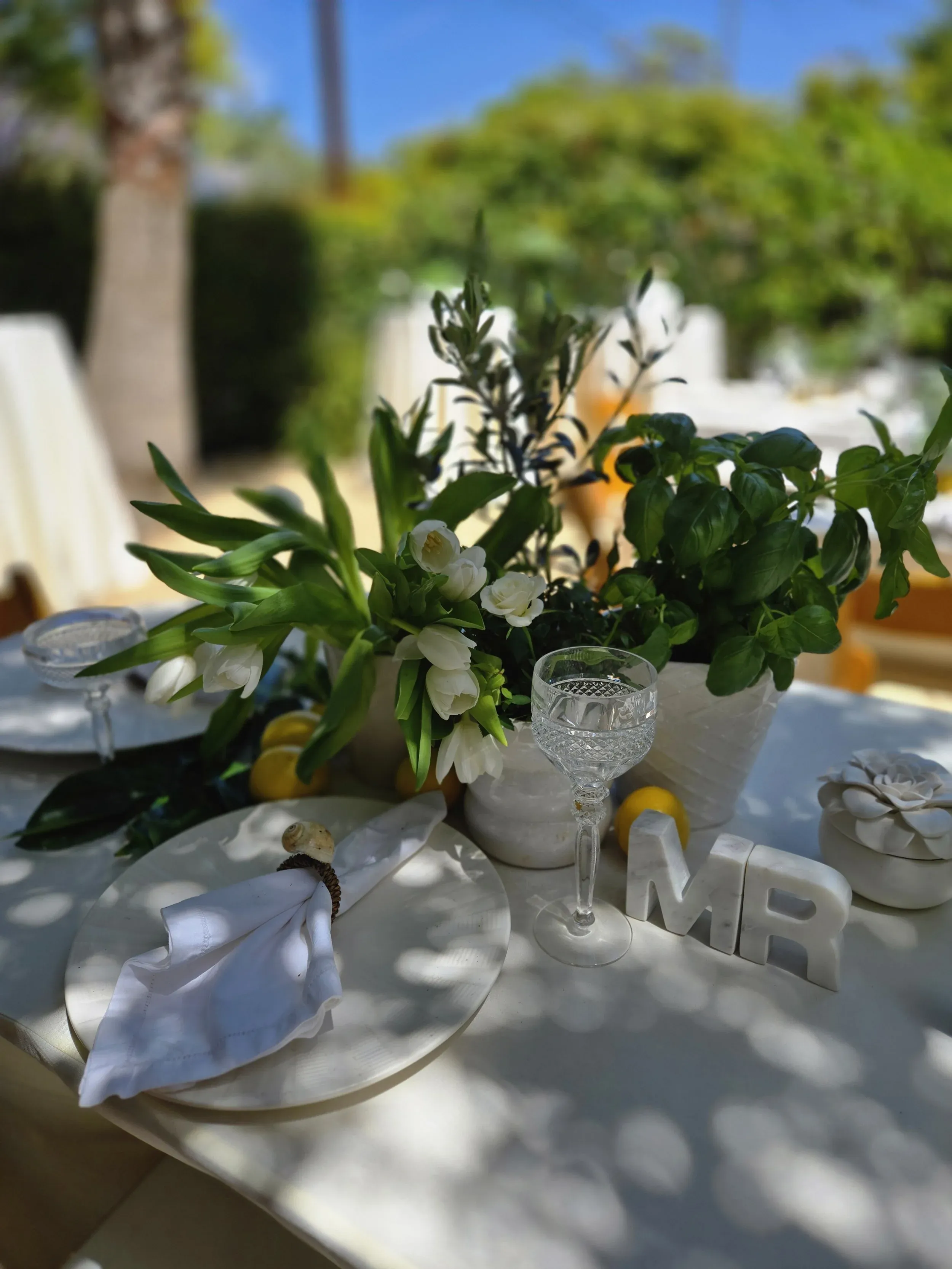 Outdoor table surrounded by garden greenery