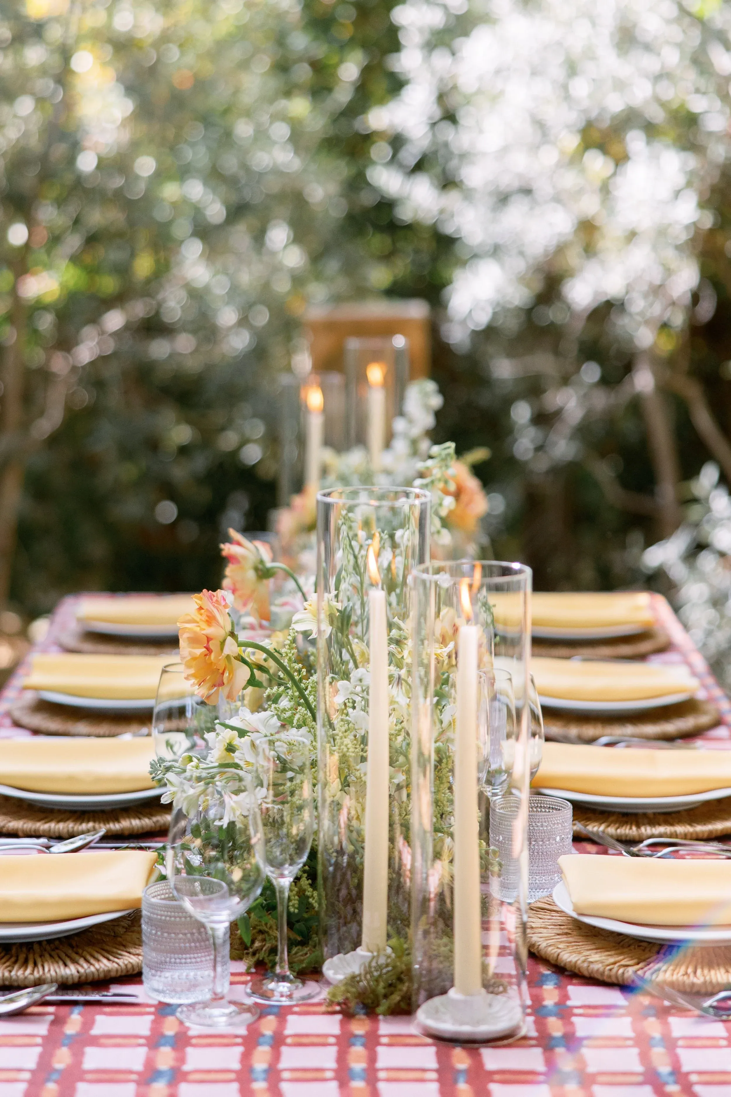 Long outdoor table set for a garden gathering