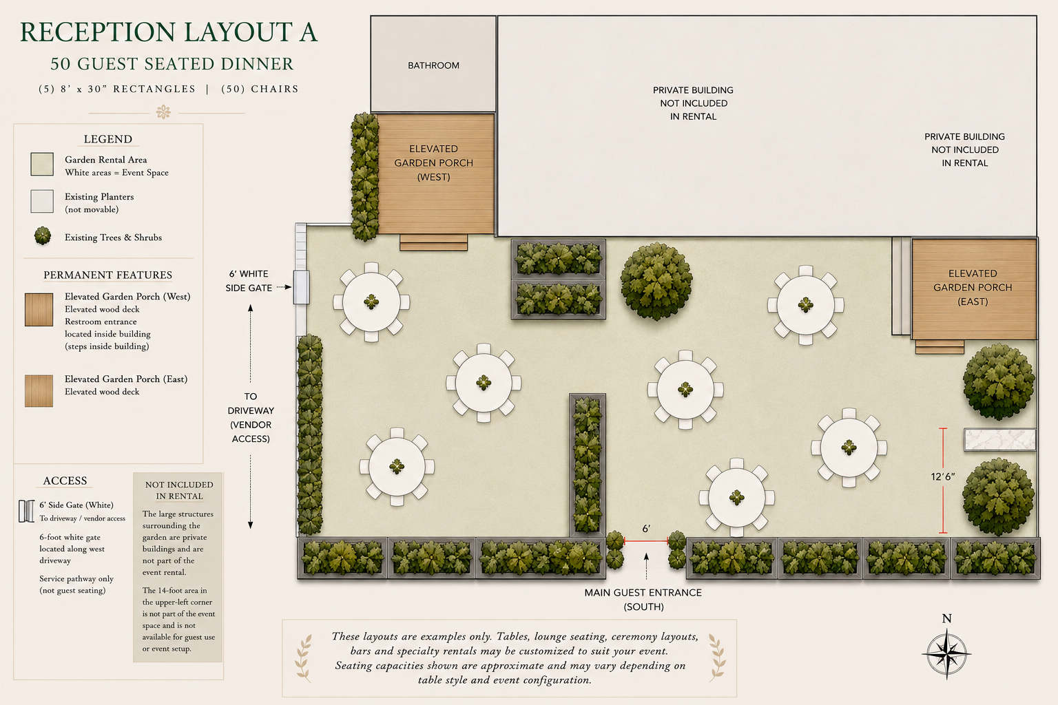 Reception Layout A for 50 seated guests at Islay Gardens