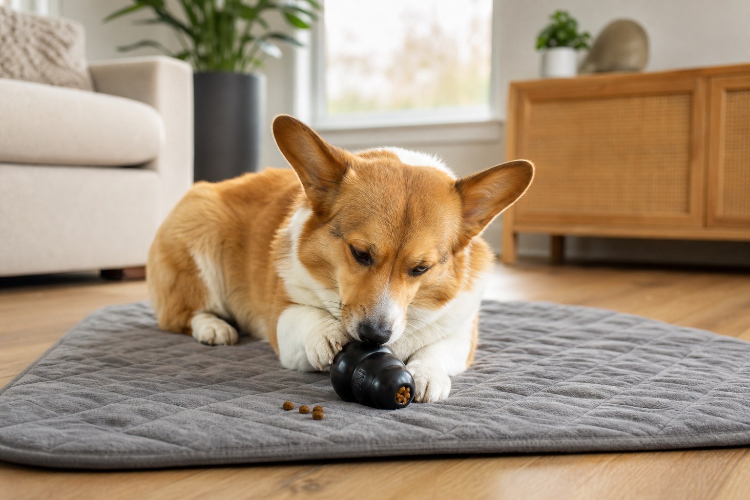 Corgi working on a food-filled rubber toy on a mat