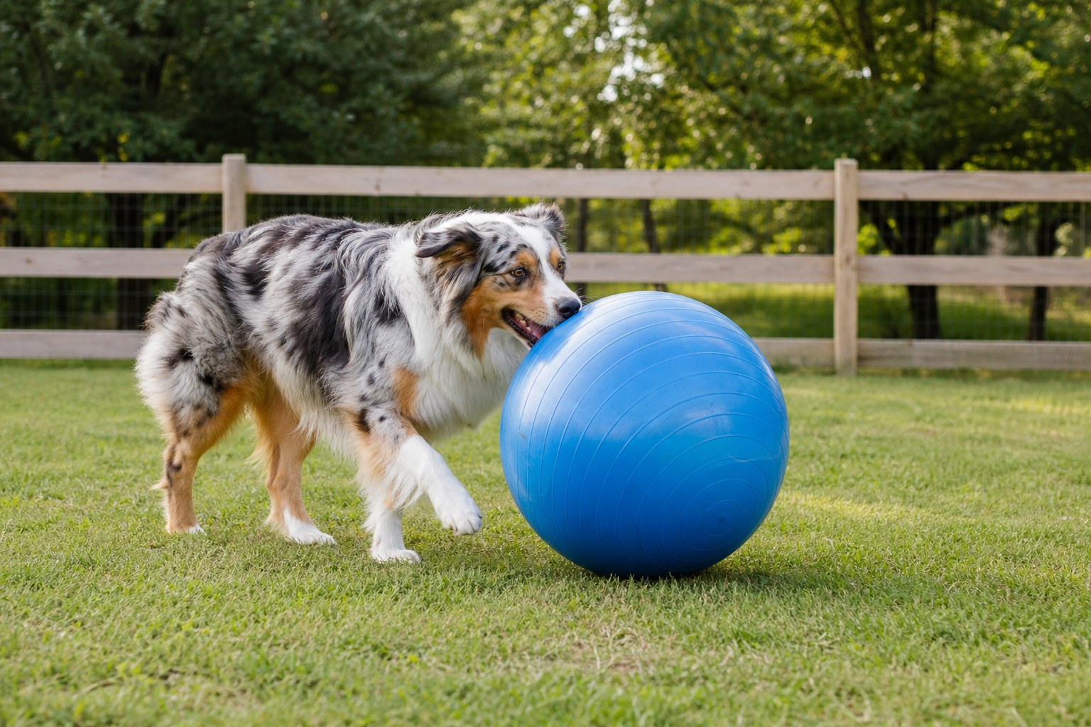 Australian Shepherd nudging a large blue ball across a grassy yard